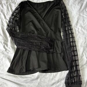 Black mesh long sleeve blouse with ruffle detail #work #office